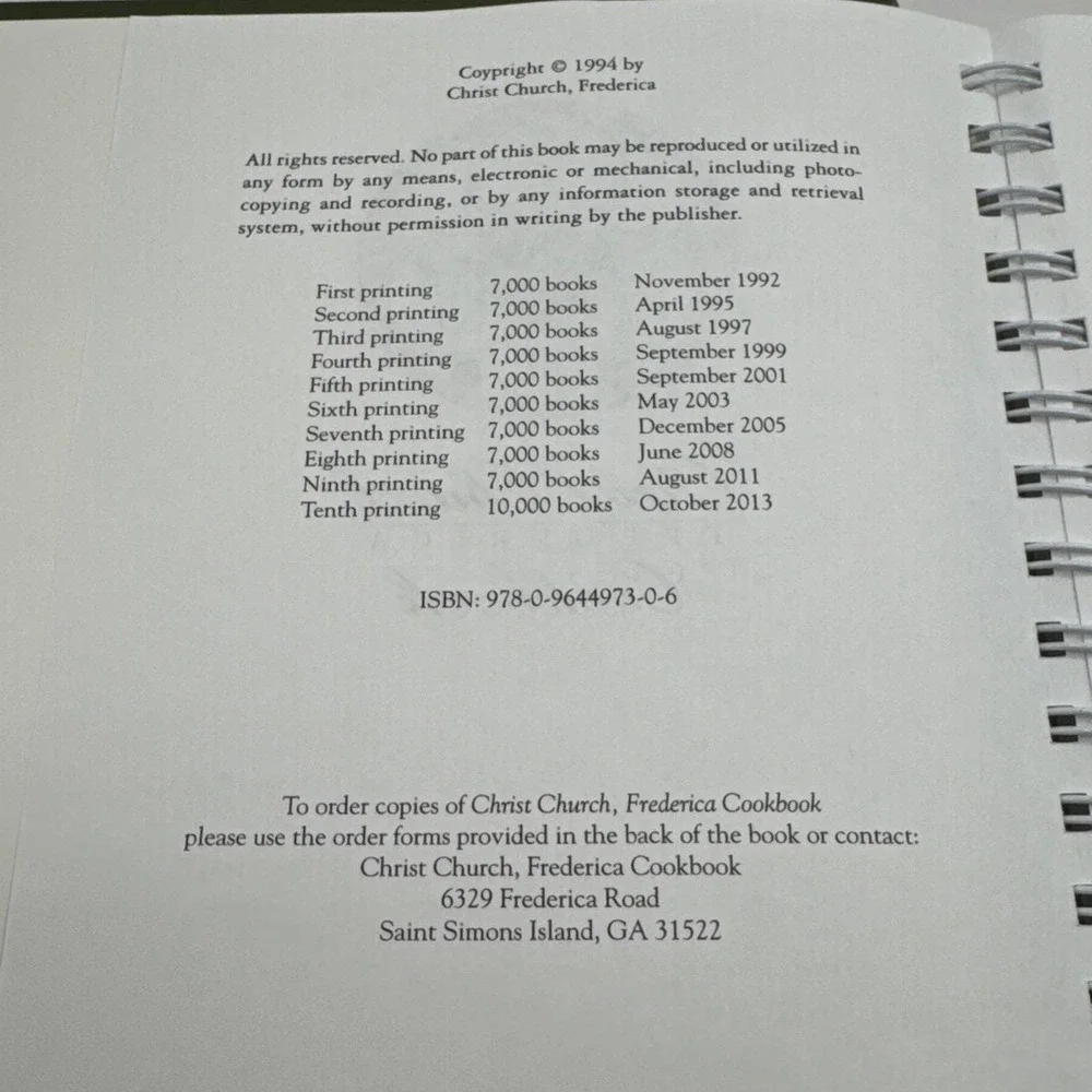Christ Church Frederica Cookbook Hardcover Frederica C. Church Cook Book Recipes